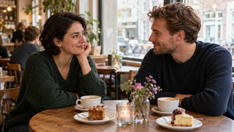 Een vrouw en een man drinken koffie met taart aan een tafeltje in een gezellig café