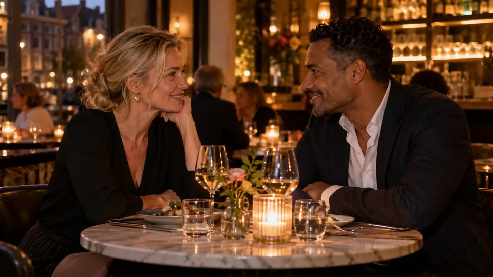 Een stel dineert ’s avonds bij kaarslicht in een sfeervol restaurant