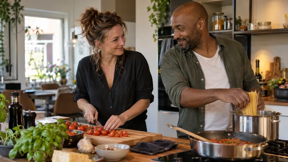 Een stel kookt samen pasta in een lichte keuken en lacht naar elkaar