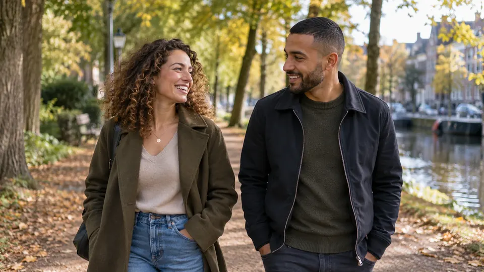 Een man en een vrouw wandelen lachend langs een gracht in de herfst